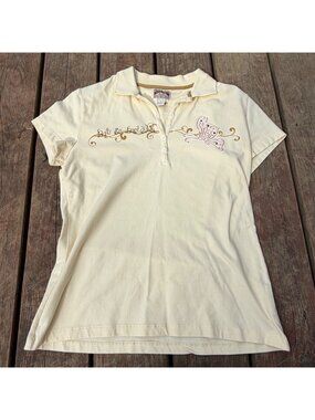 Y2k Bit & Bridle Womens Cream Polo Shirt W/ Butterfly & Gold Swirl Design Size L